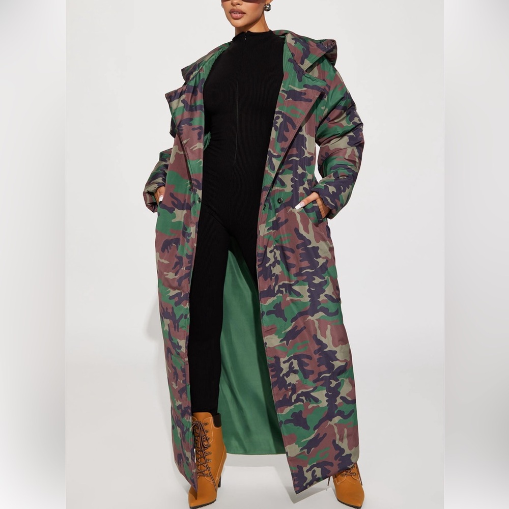 Long Down Camouflage Camp Puffer Coat Jacket Parka XS Fall Winter